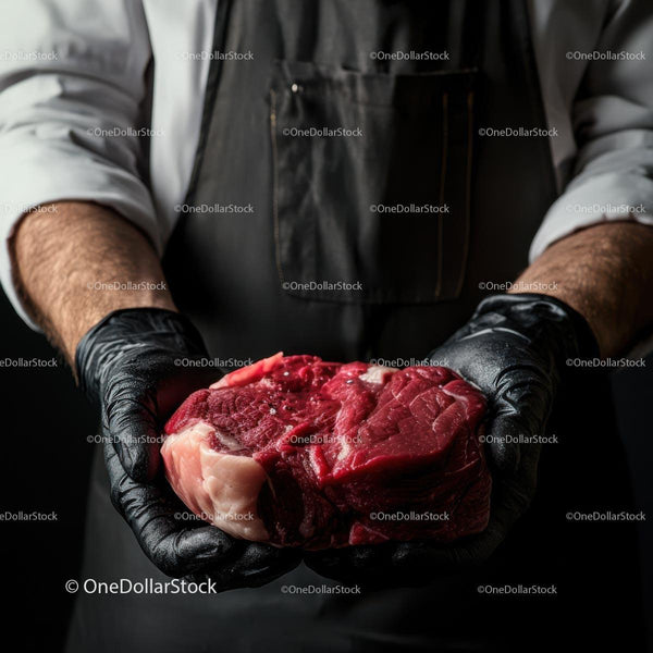 Chef Holding Fresh Cut of Raw Beef in Black Gloves