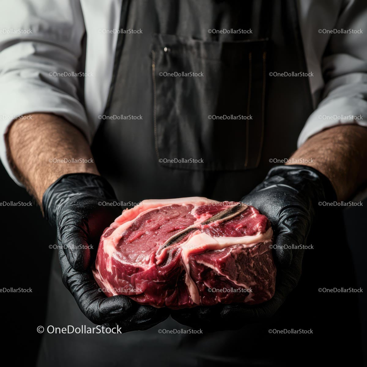 Butcher Holding Fresh Marbled Steak in Black Gloves