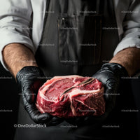 Butcher Holding Fresh Marbled Steak in Black Gloves