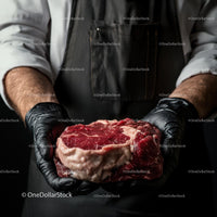Butcher Holding Fresh Raw Steak in Black Gloves
