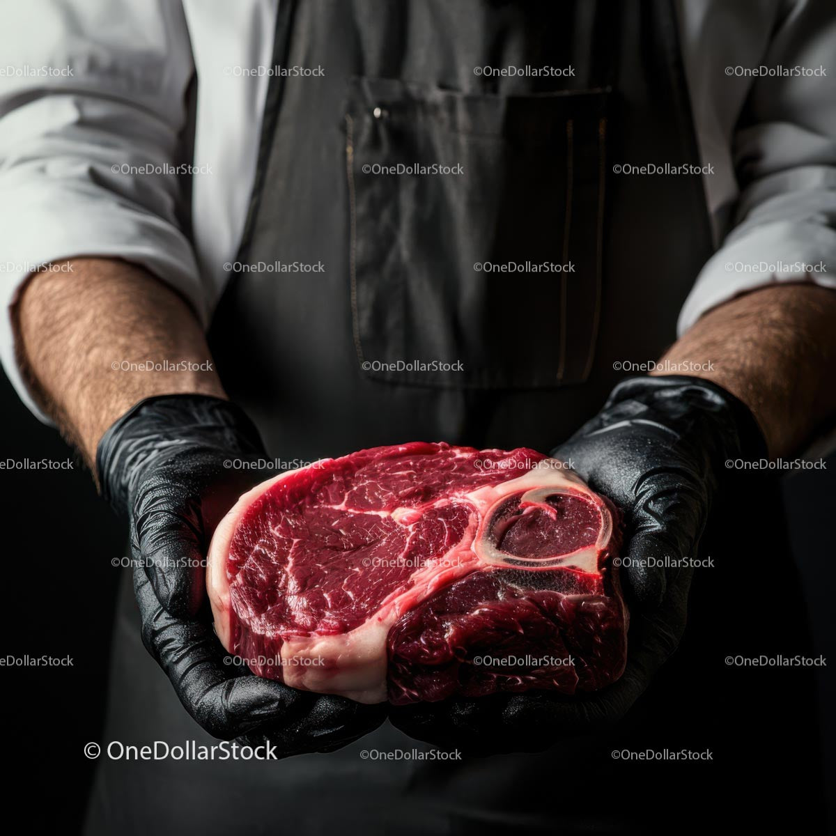 Butcher Holding Fresh Ribeye Steak in Black Gloves
