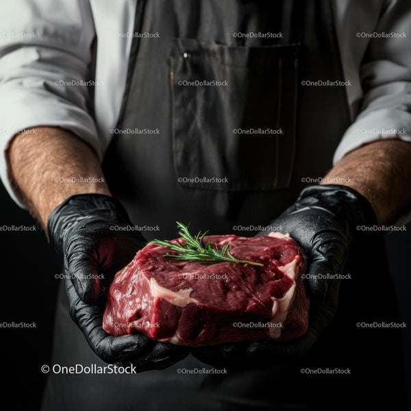 Chef Holding Fresh Raw Beef Steak with Rosemary Garnish