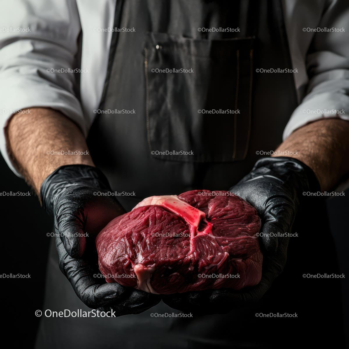 Butcher Holding Fresh Beef Cut in Black Gloves