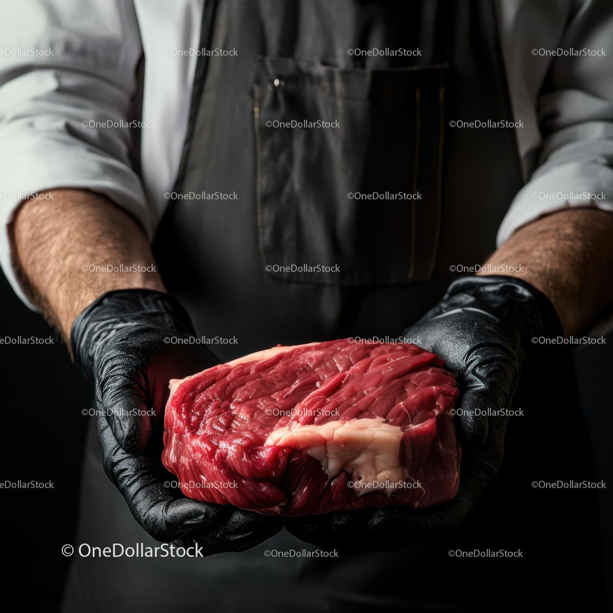 Chef Holding Fresh Raw Beef Steak with Black Gloves