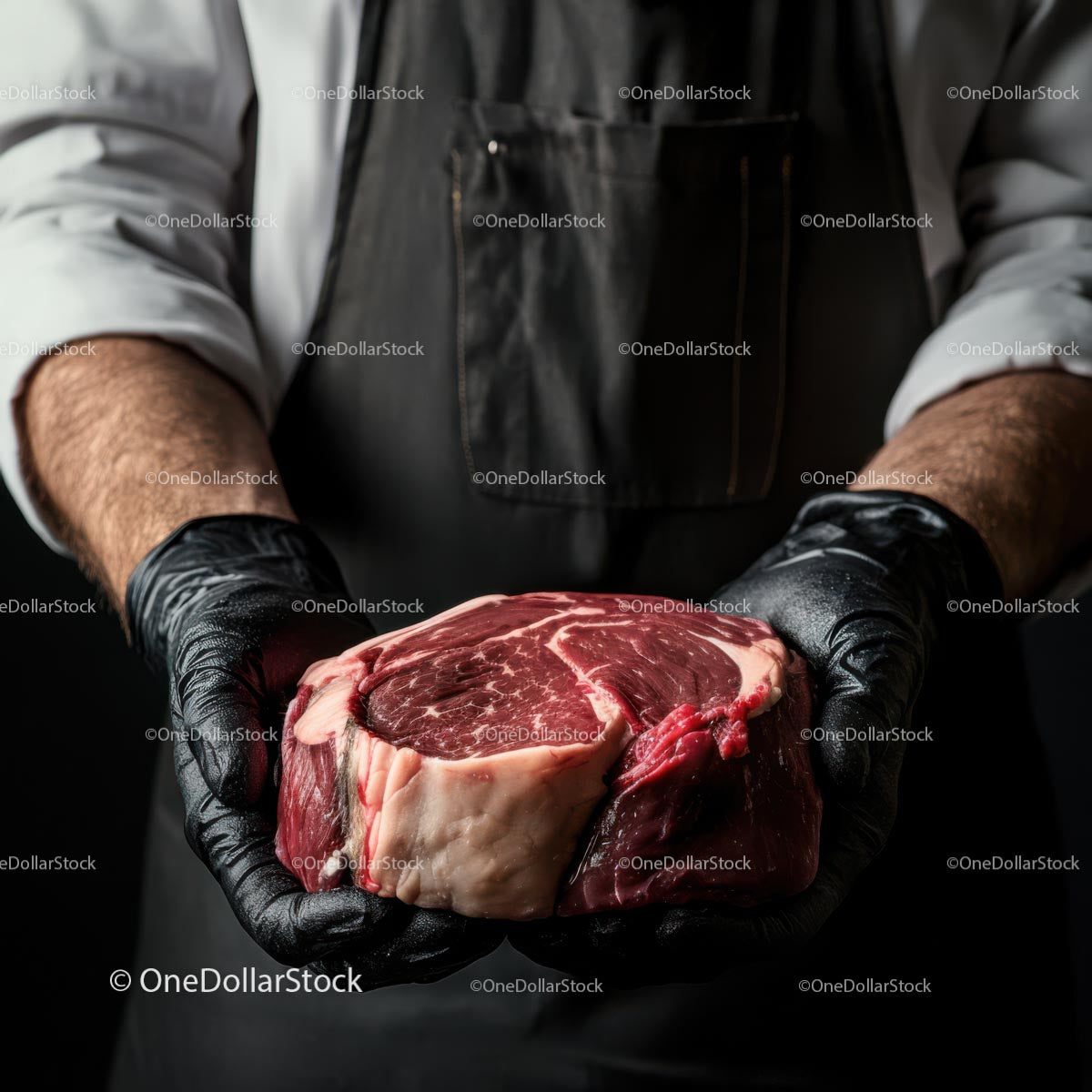 Rzeźnik trzymający świeży stek Ribeye w rękawiczkach