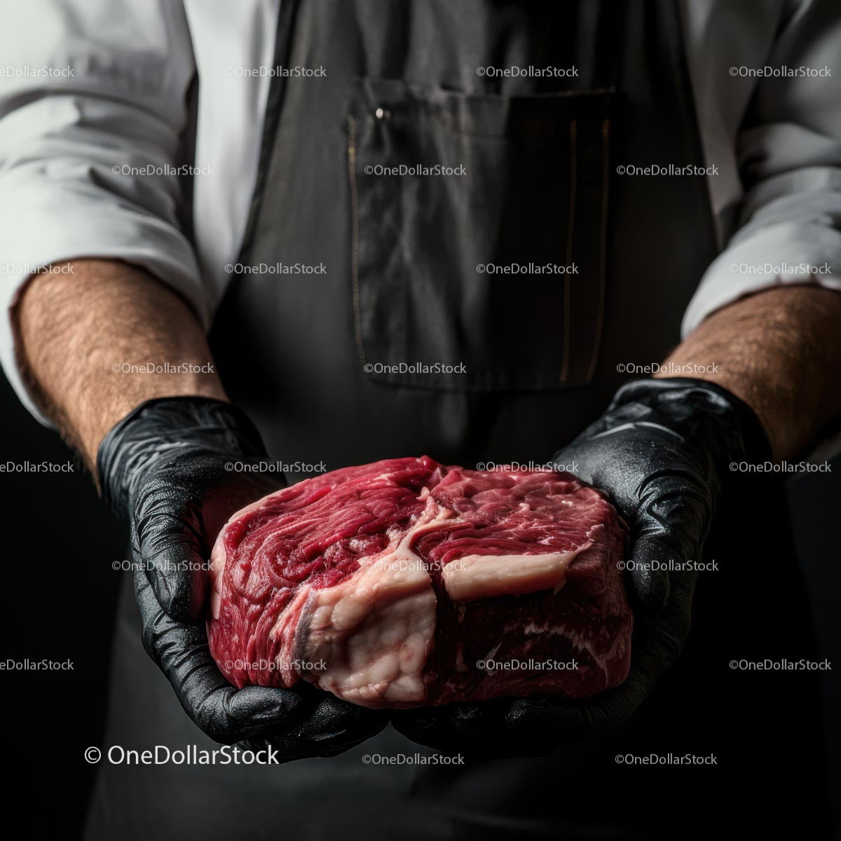 Butcher Holding Fresh Marbled Beef Steak with Gloves