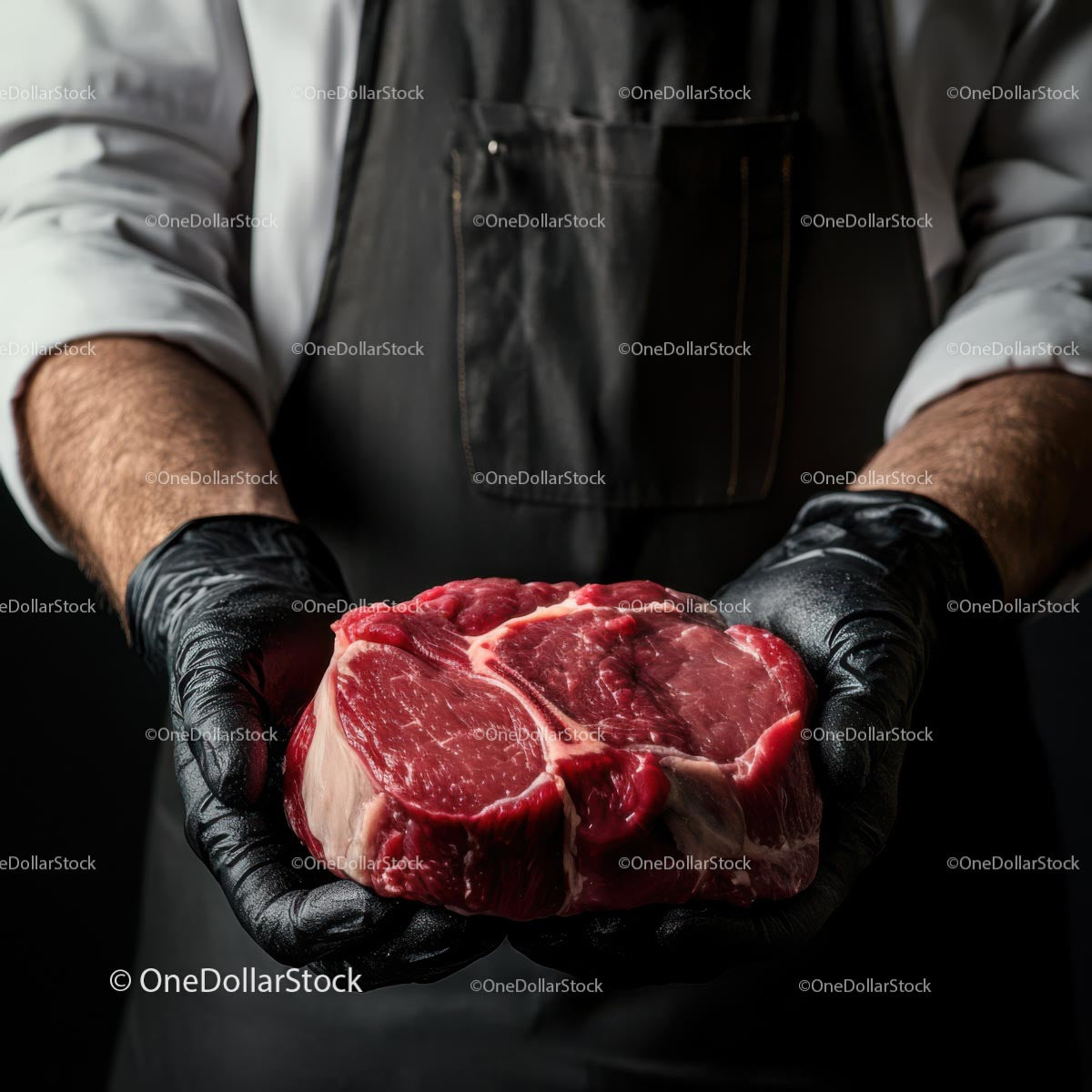 Butcher Holding Fresh Beef Steak in Black Gloves