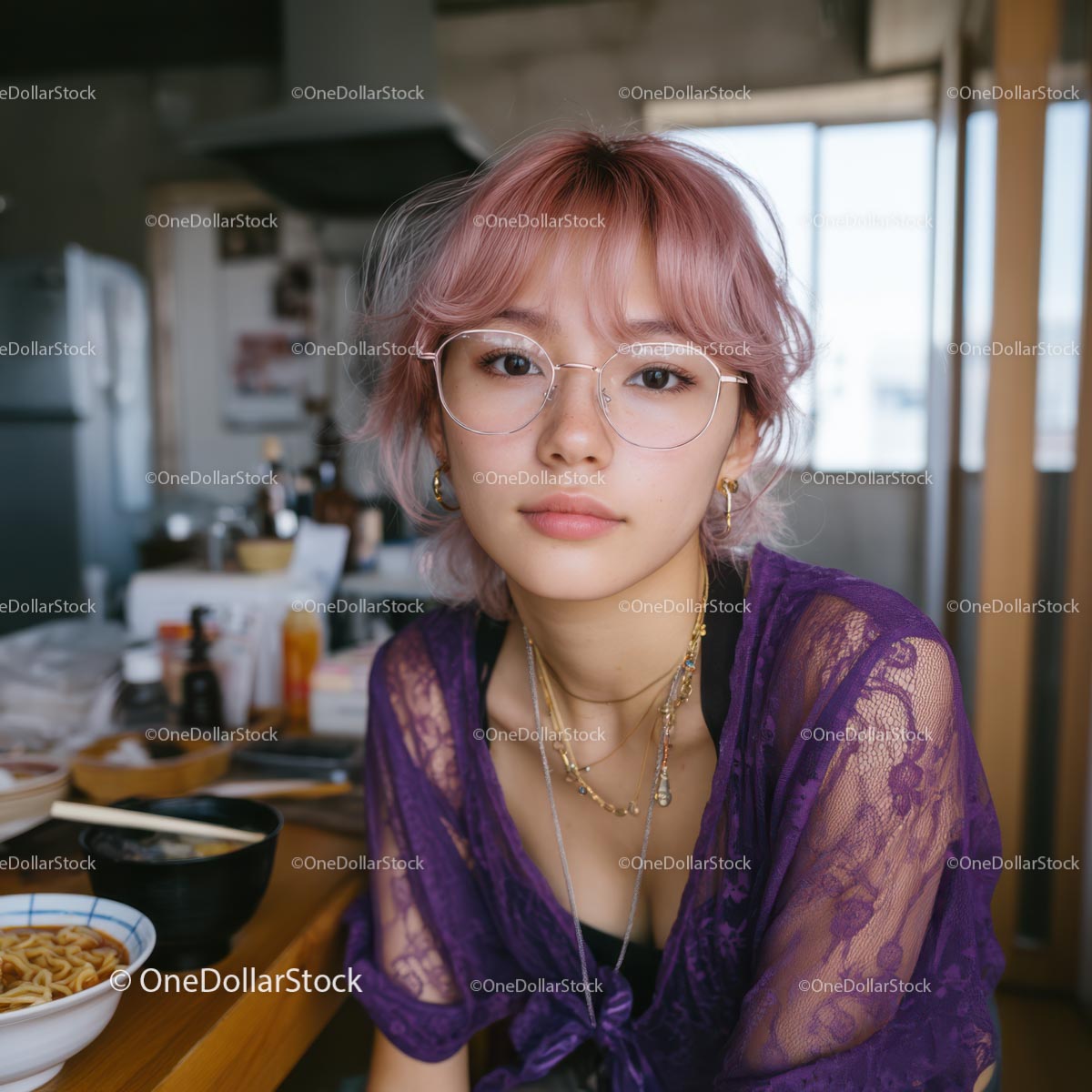 Trendy Woman with Pink Hair in a Modern Kitchen (24 Images)