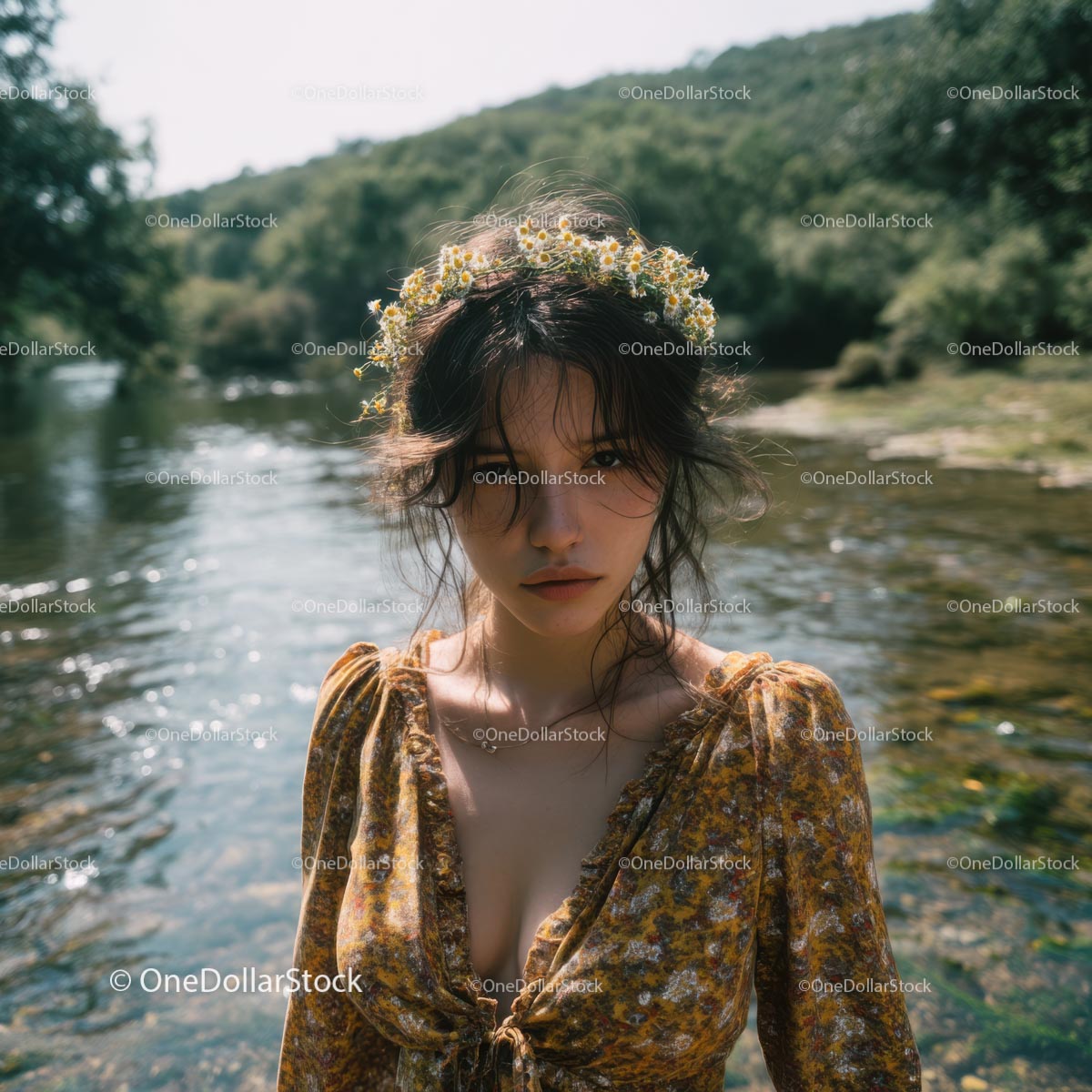 Young Woman with Flower Crown by Serene River (18 Images)