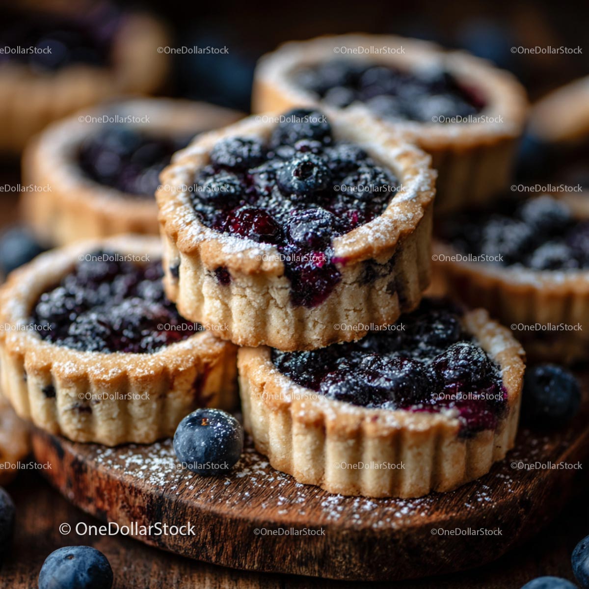 Homemade Blueberry Tarts on Rustic Wooden Board (16 Images)