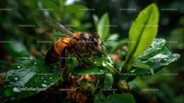 Macro Shot of Honeybee on Dew-Covered Leaves