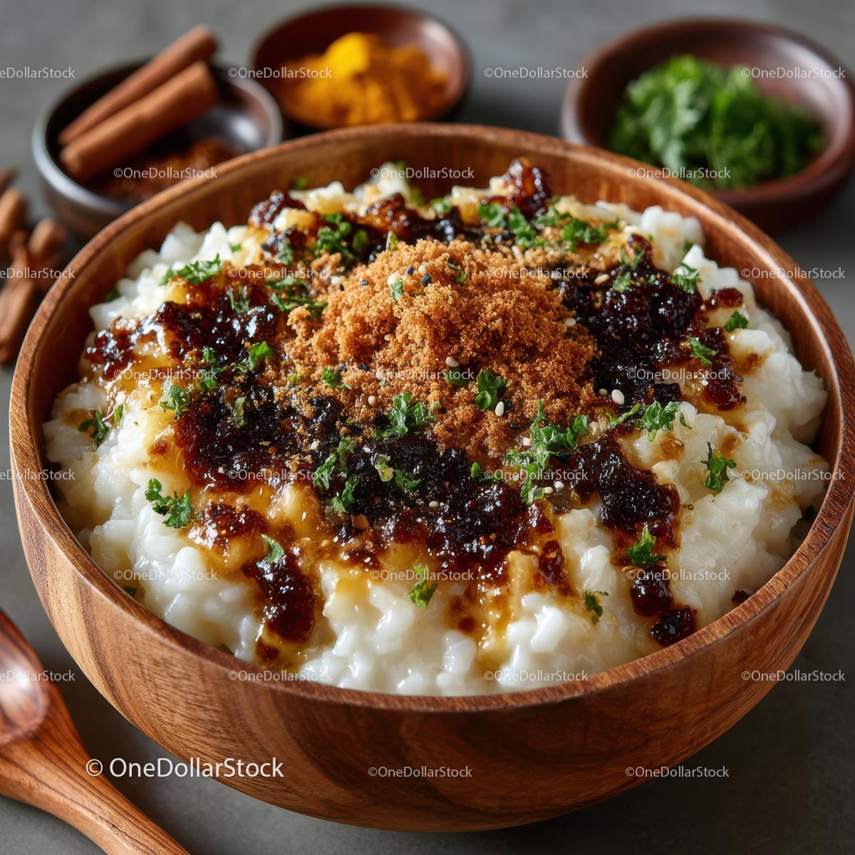 Creamy Rice Pudding with Brown Sugar Topping in Wooden Bowl (35 Images)
