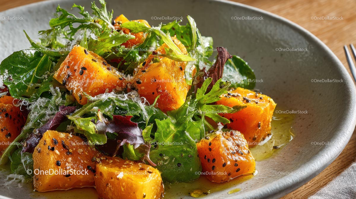 Gourmet Salad with Roasted Pumpkin and Leafy Greens (20 Images)
