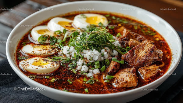 Spicy Ramen Bowl with Pork Belly and Boiled Eggs Stock Photo Bundle (39 JPG Files)