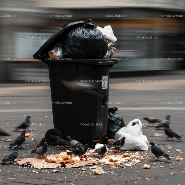 Pigeons Feeding Around Overfilled Trash Bin on City Street