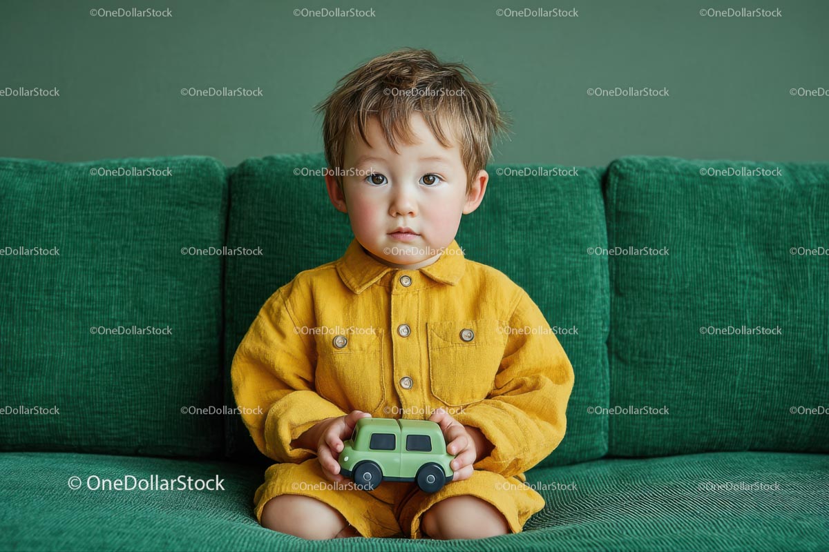 Adorable Child in Yellow on a Green Sofa Playing with Toy Car