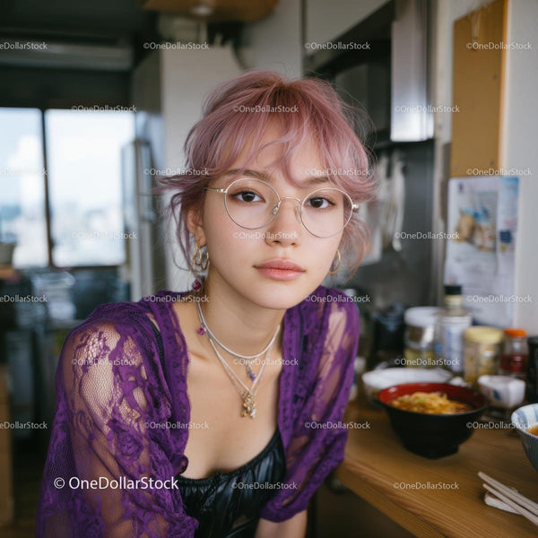 Trendy Young Woman with Pink Hair in Urban Kitchen