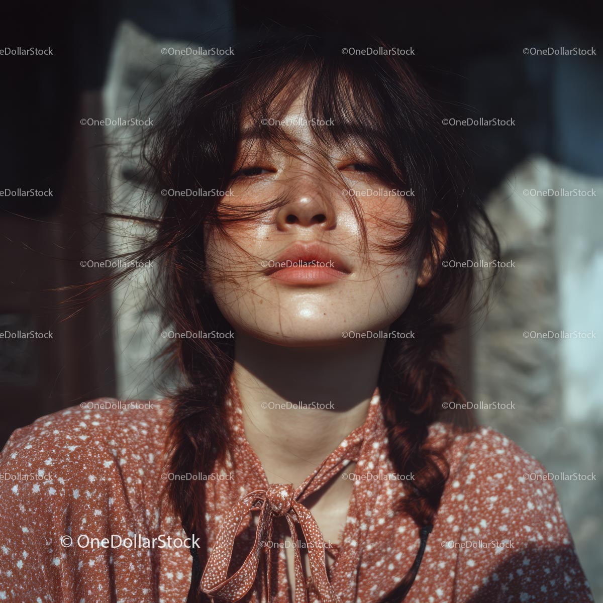 Sunlit Portrait of a Woman with Messy Hair and a Cozy Look