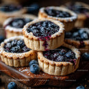 Homemade Blueberry Tarts on Rustic Wooden Board