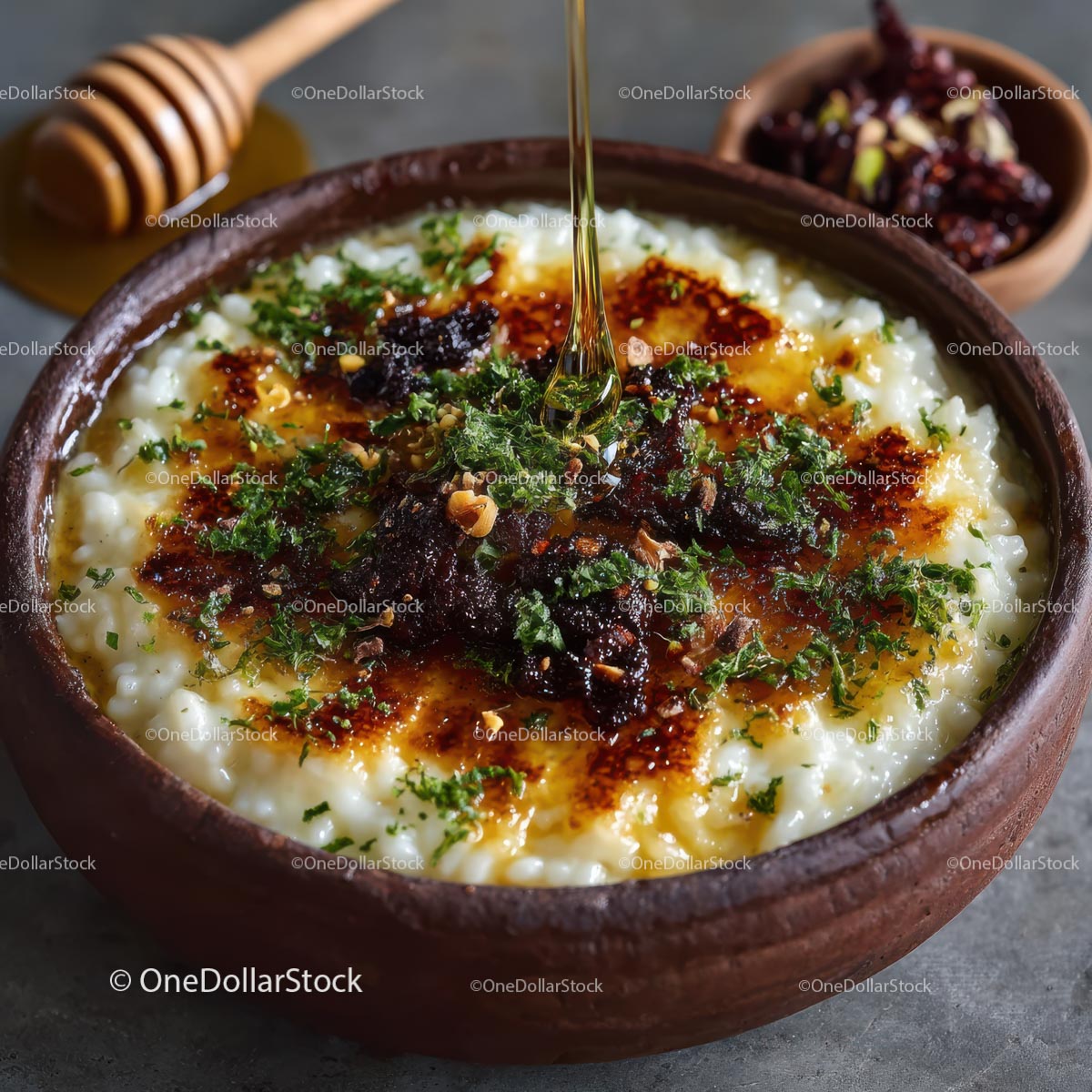 Delicious Rice Pudding with Honey and Nut Topping