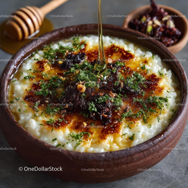 Delicious Rice Pudding with Honey and Nut Topping