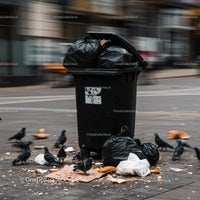 Pigeons Scavenging Around a City Trash Bin