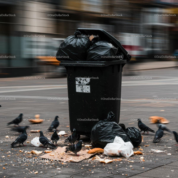 Pigeons Scavenging Around a City Trash Bin