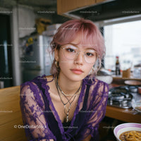 Trendy Woman in Purple Lace Top Relaxing in Modern Kitchen