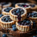 Homemade Blueberry Tarts on Rustic Wooden Board