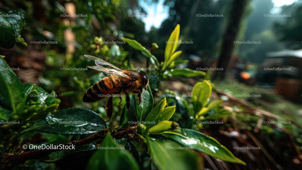 Honeybee Resting on Vibrant Green Foliage