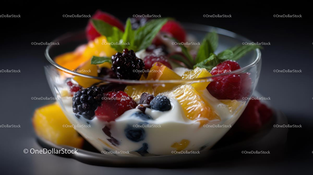 Berry and Peach Yogurt Parfait with Mint in Glass Bowl
