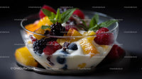 Berry and Peach Yogurt Parfait with Mint in Glass Bowl