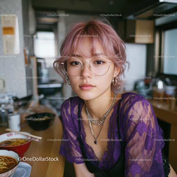 Stylish Woman with Purple Hair and Glasses in Kitchen