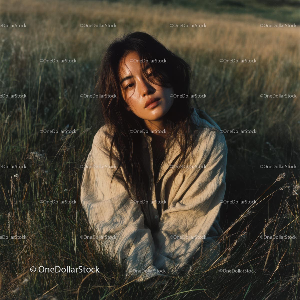 Peaceful Woman in a Sunlit Wheat Field at Dusk