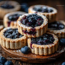 Homemade Blueberry Tarts on Rustic Wooden Board