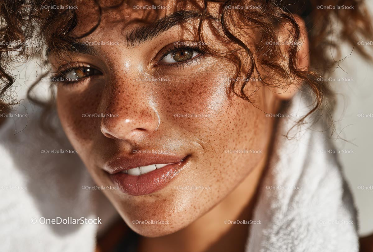 Close-Up of Woman with Freckles and Curly Hair in Warm Light