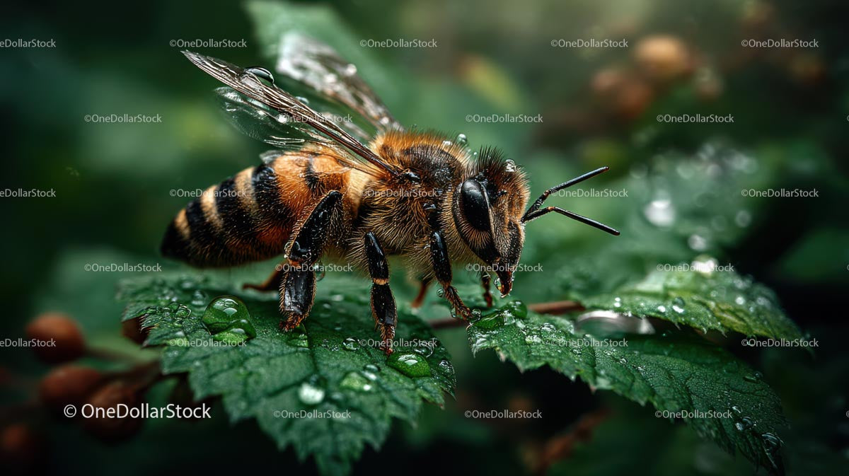 Honeybee on Dew-Kissed Green Leaf Closeup