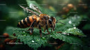 Honeybee on Dew-Kissed Green Leaf Closeup
