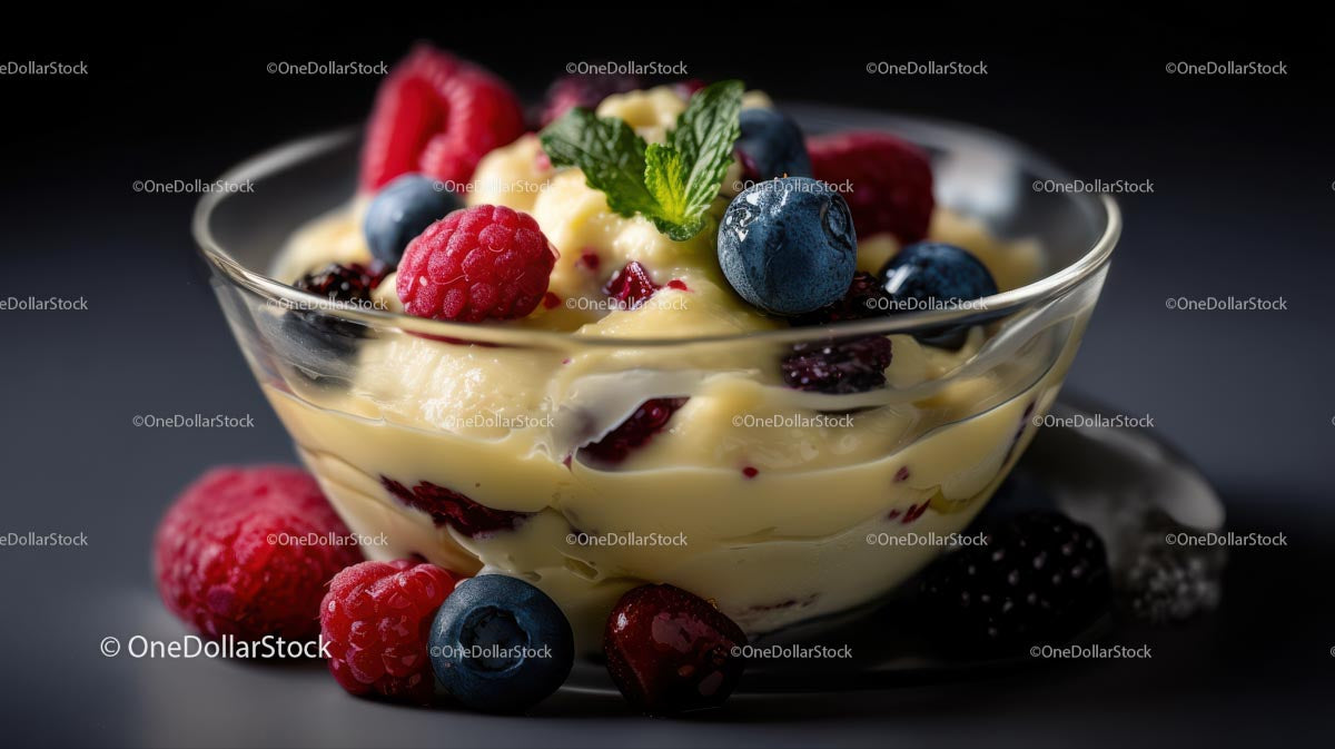 Mixed Berries and Mango in Creamy Yogurt with Mint