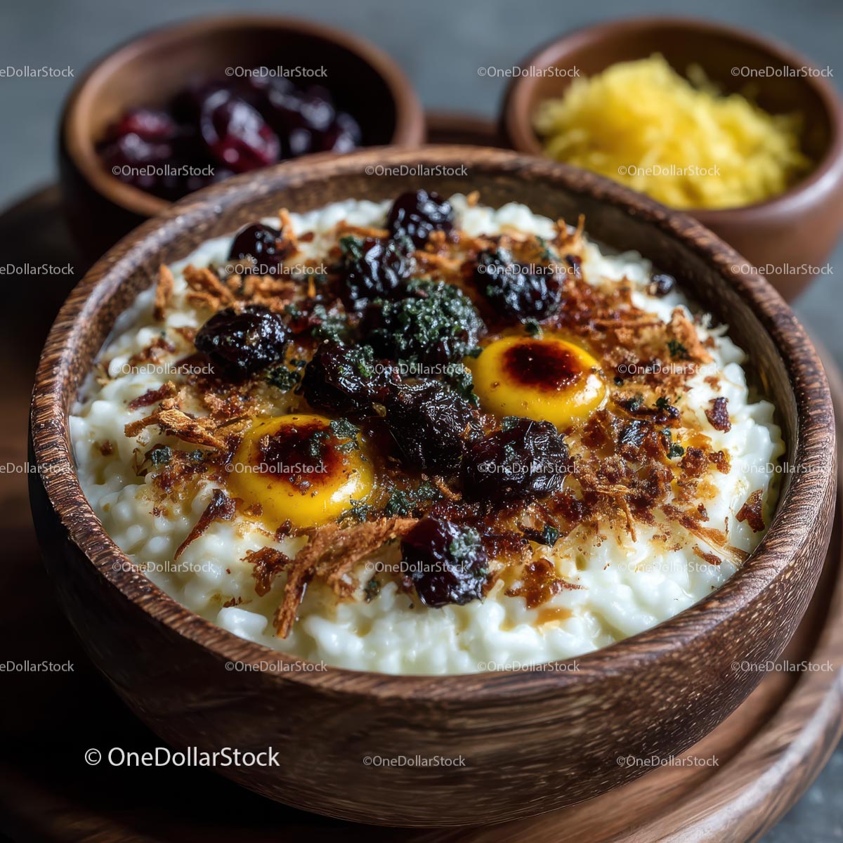 Gourmet Rice Dish with Savory Toppings in Wooden Bowl