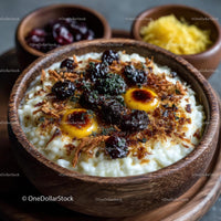 Gourmet Rice Dish with Savory Toppings in Wooden Bowl