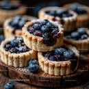 Homemade Blueberry Tarts on Rustic Wooden Board