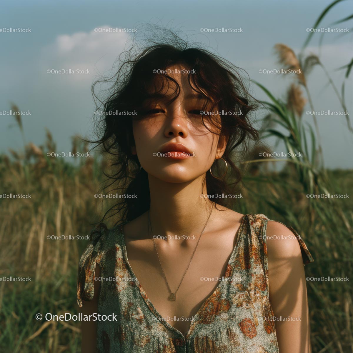 Young Woman in Summer Dress in Grassy Field