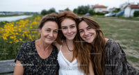 Smiling Family Trio in a Sunny Meadow with Yellow Flowers