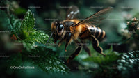 Close-Up of Honeybee on Lush Green Leaves