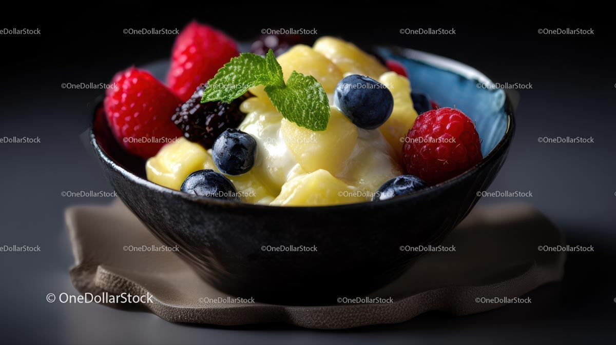 Mixed Berries and Mango in Creamy Yogurt with Mint
