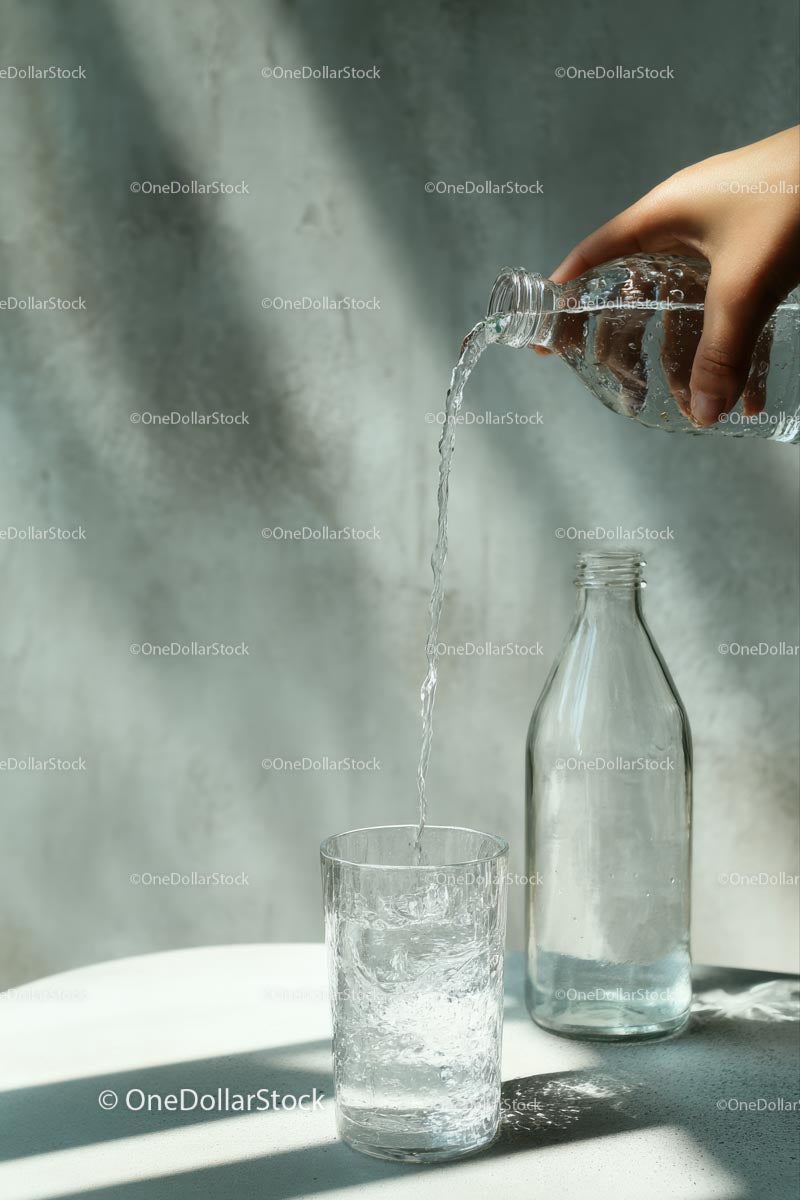 Pouring Water into a Glass with Sunlit Reflections