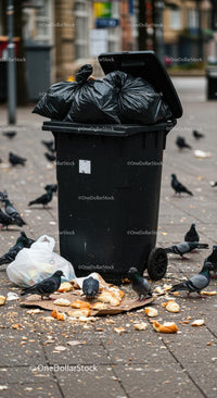 Urban Pigeons Feeding Near Overflowing Trash Bin
