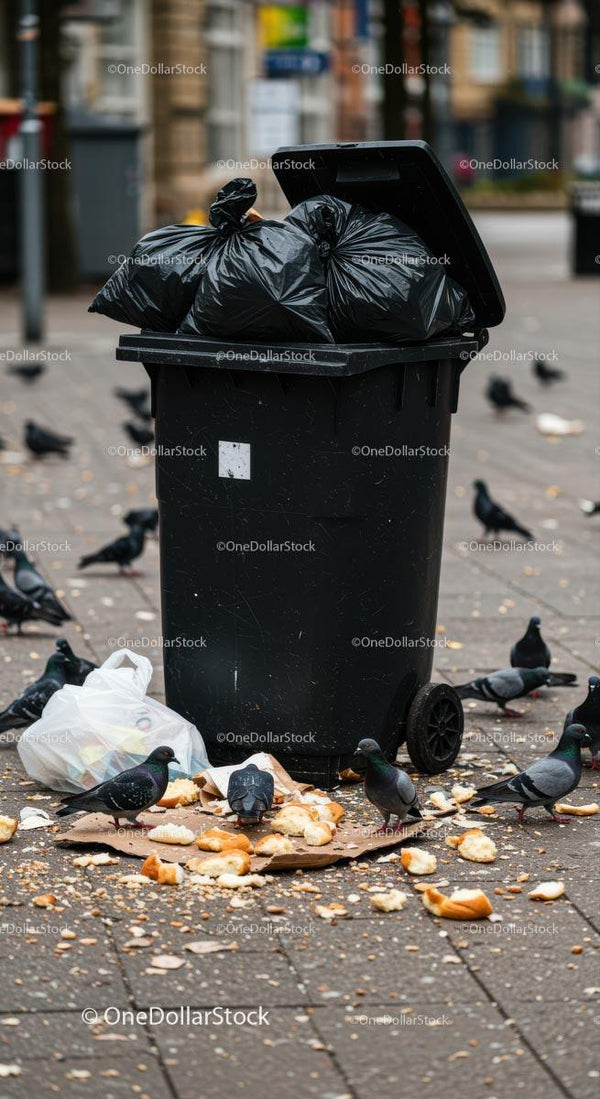 Urban Pigeons Feeding Near Overflowing Trash Bin