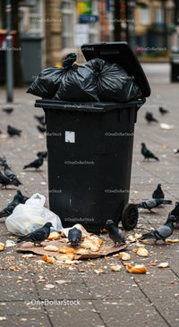 Overflowing Garbage Bin with Pigeons in Urban Street